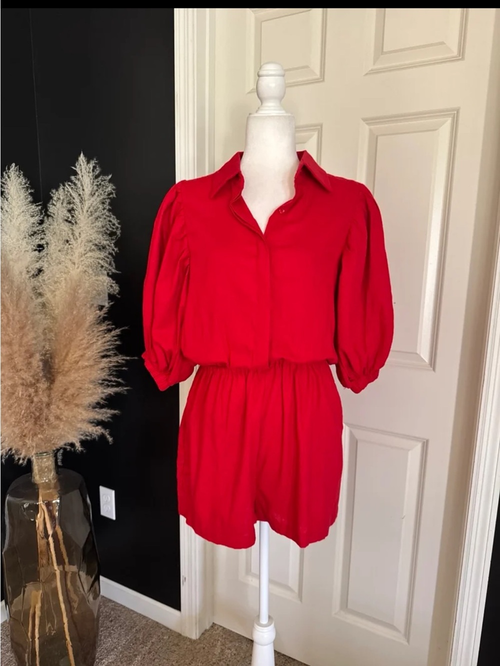 NWT Klesis Red Puff Sleeve Linen/Cotton Blend Romper with Pockets size Medium